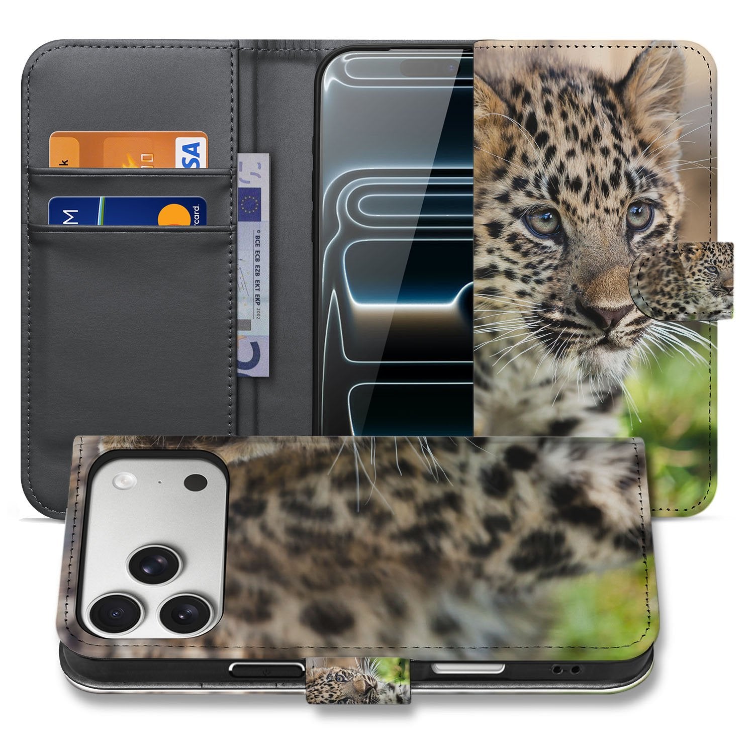 Apple iPhone 17 Pro Bookcase Hoesje Met Pasjes Baby Luipaard baby luipaard design voorkant