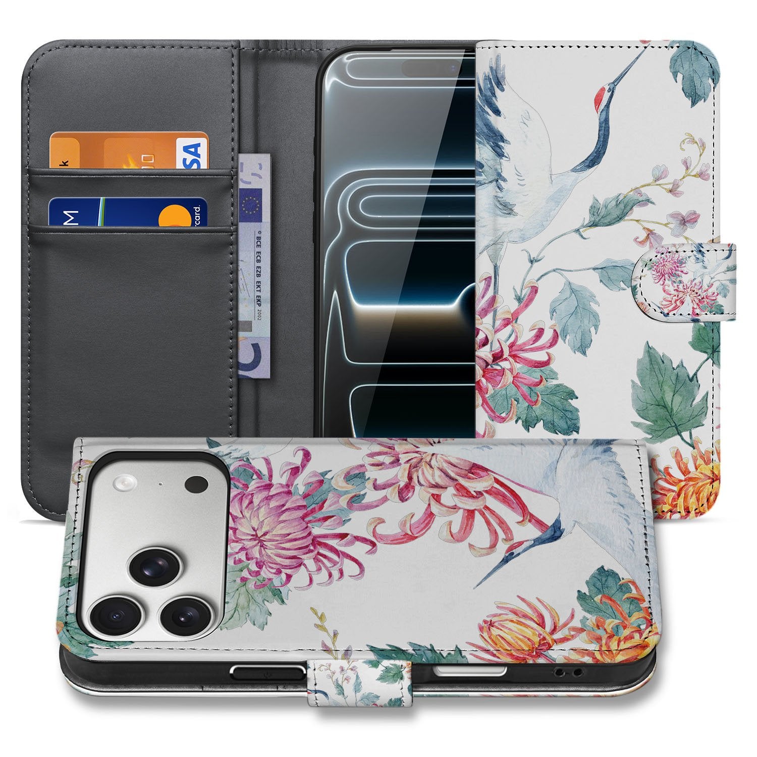 Apple iPhone 17 Pro Bookcase Hoesje Met Pasjes Bird Flowers Print bloemen design voorkant