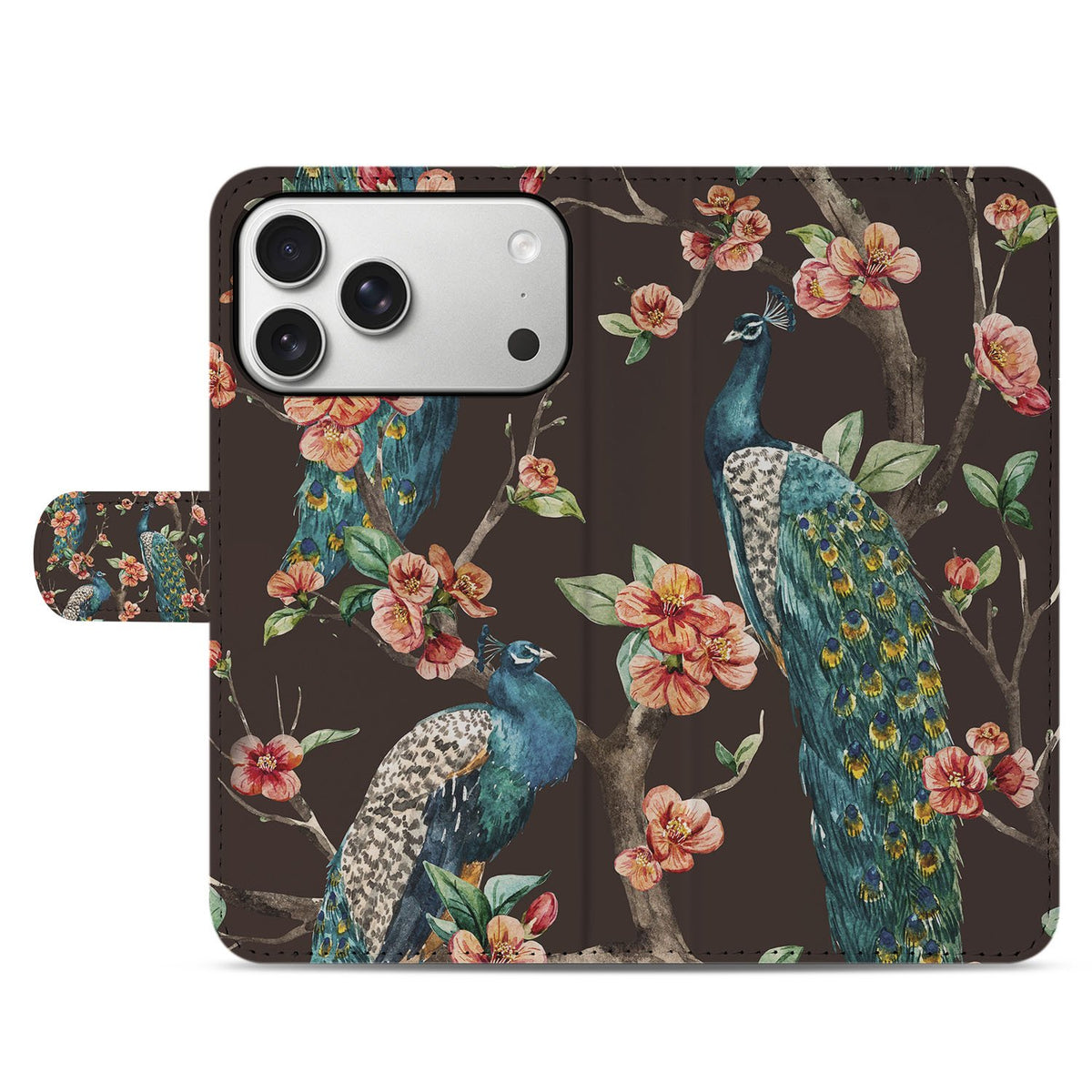 Apple iPhone 17 Pro Bookcase Hoesje Met Pasjes Pauw Bloemen Print voorkant ontwerp