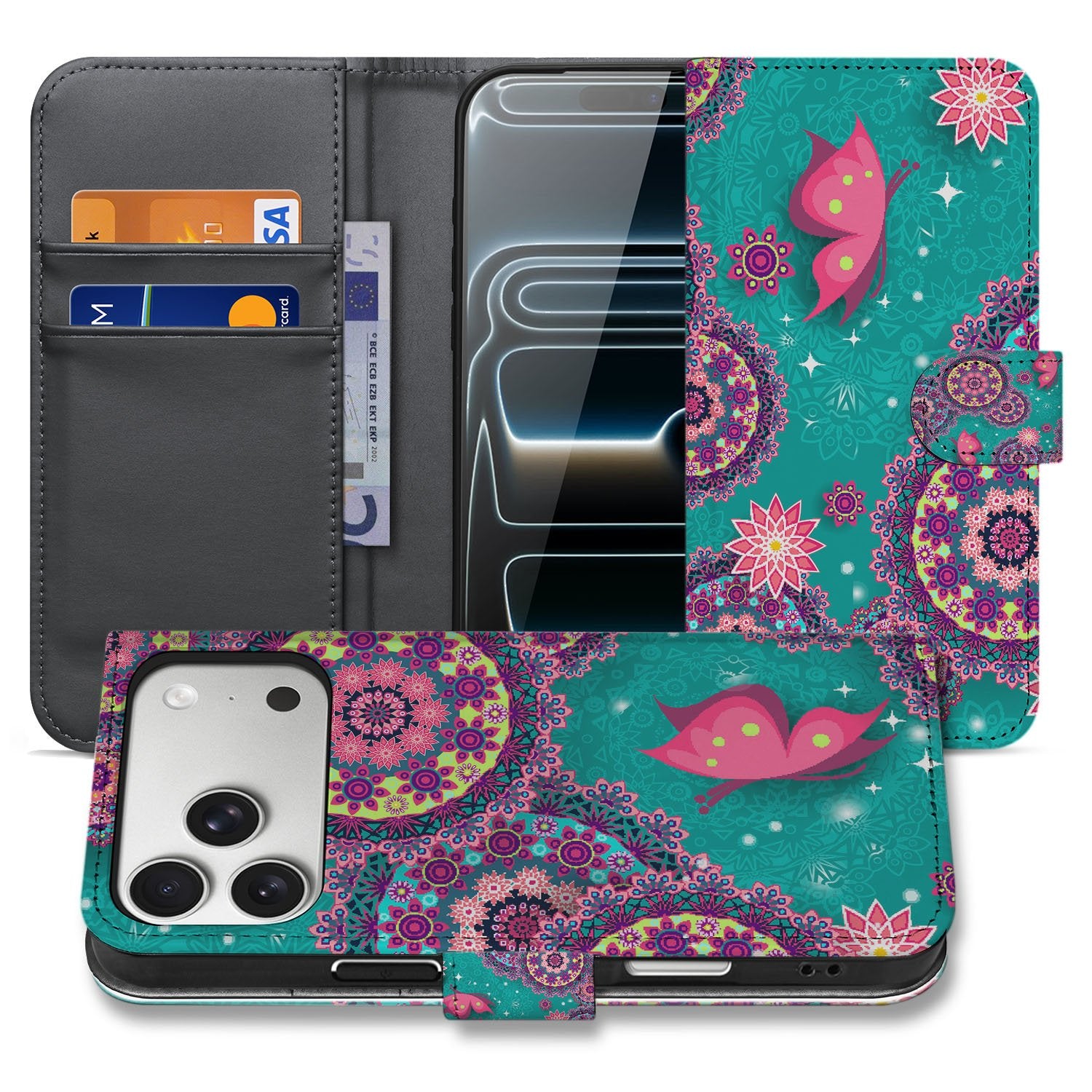 Apple iPhone 17 Pro Bookstyle Hoesje Met Pasjes Cirkels en Vlinders design cirkels vlinders voorkant