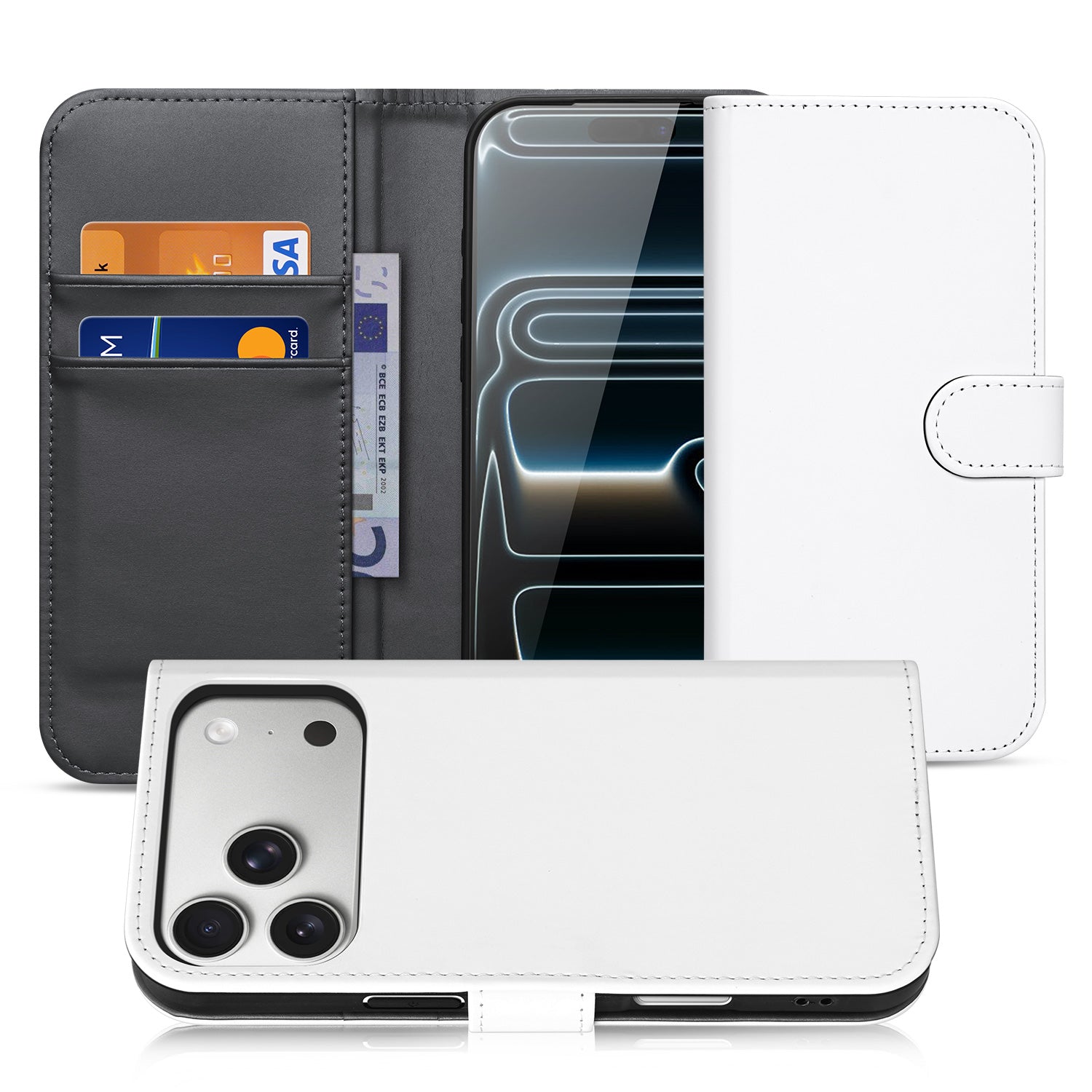 Apple iPhone 17 Pro Max Book Case Wit Met Pasjeshouder wit kunstleer donkergrijs aanzicht