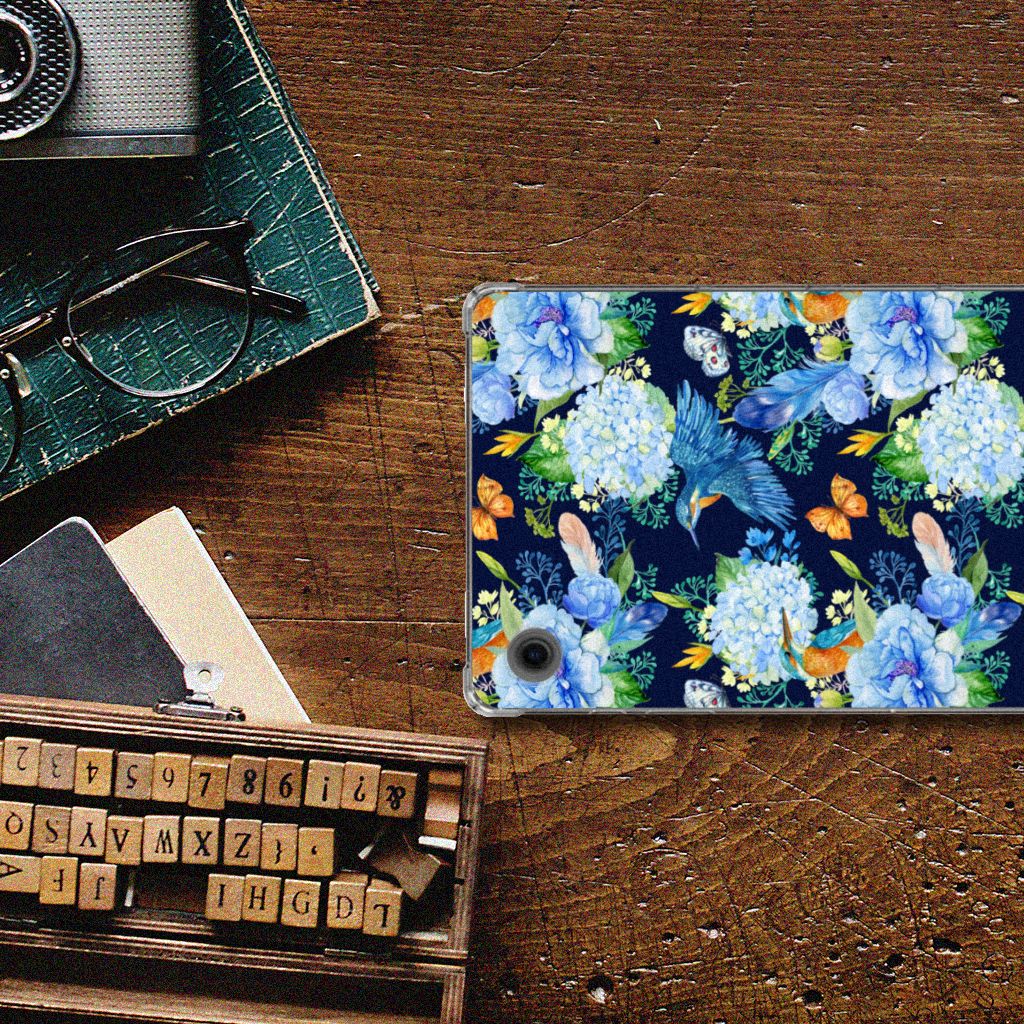 Samsung Galaxy Tab A9 IJsvogel Back Case bloemen patroon bovenaanzicht