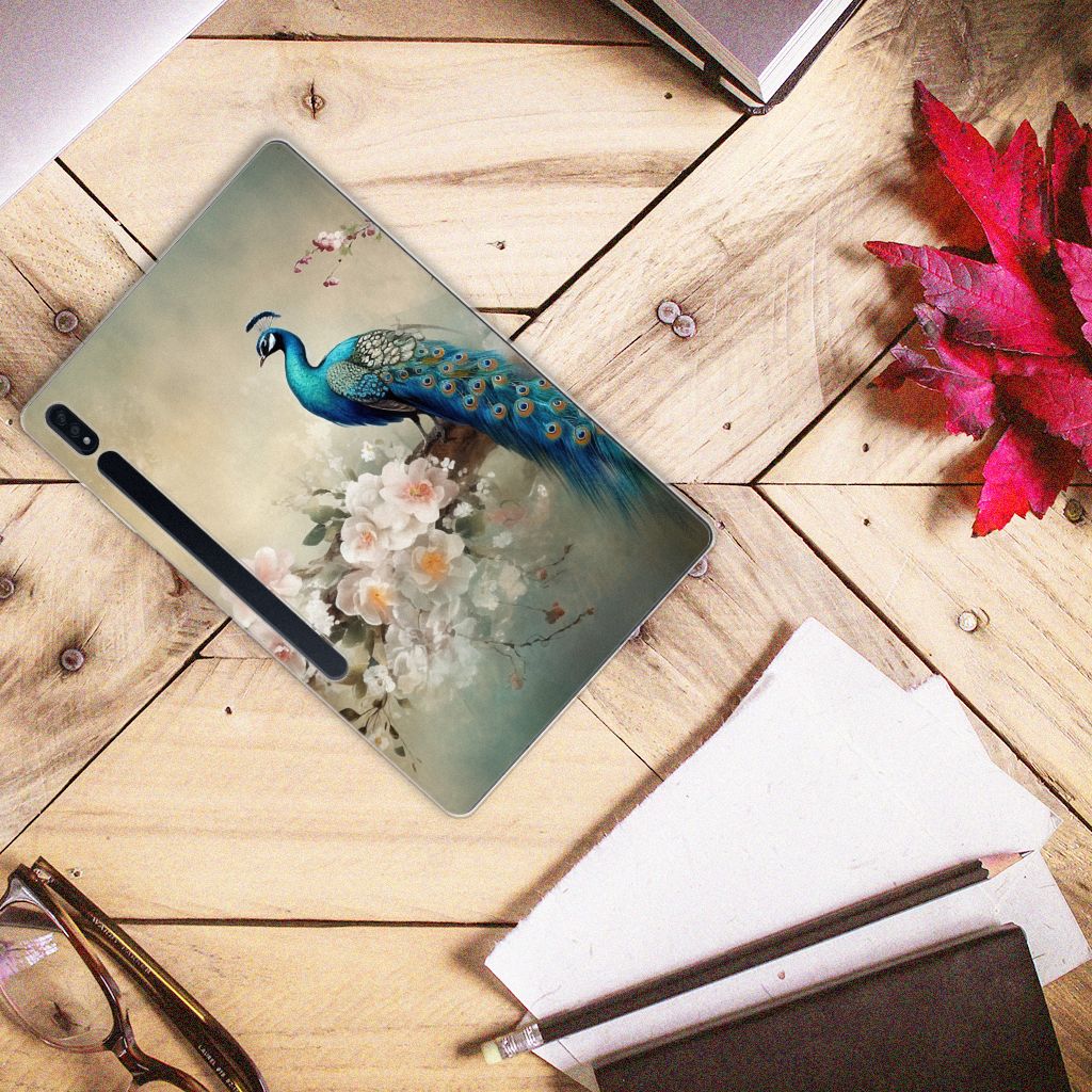 Back Case voor Samsung Galaxy Tab S7 Plus | S8 Plus Vintage Pauwen bovenaanzicht