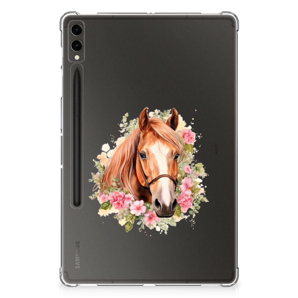 Back Case voor Samsung Galaxy Tab S9 Plus Paard met een prachtige paardenafbeelding en bloemen.