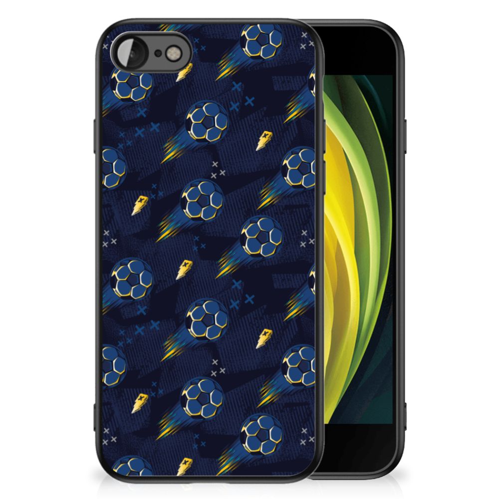 Back Case voor iPhone SE 2022 | SE 2020 | 7/8 Voetbal met voetbalpatroon op een donkere achtergrond.