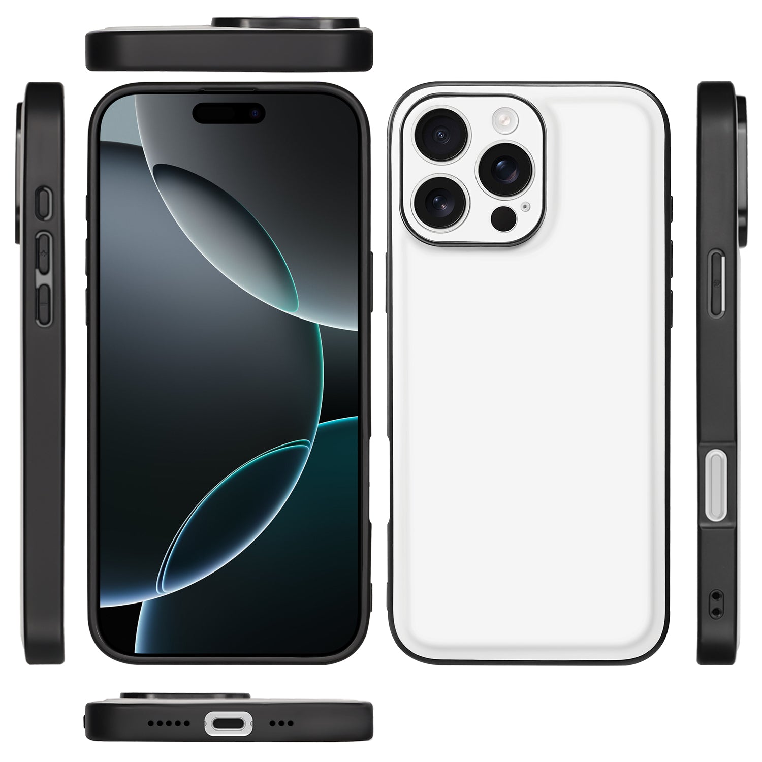 Apple iPhone 16 Pro Back Cover Hoesje Zwart Wit vanaf boven zij en voorkant aanzicht