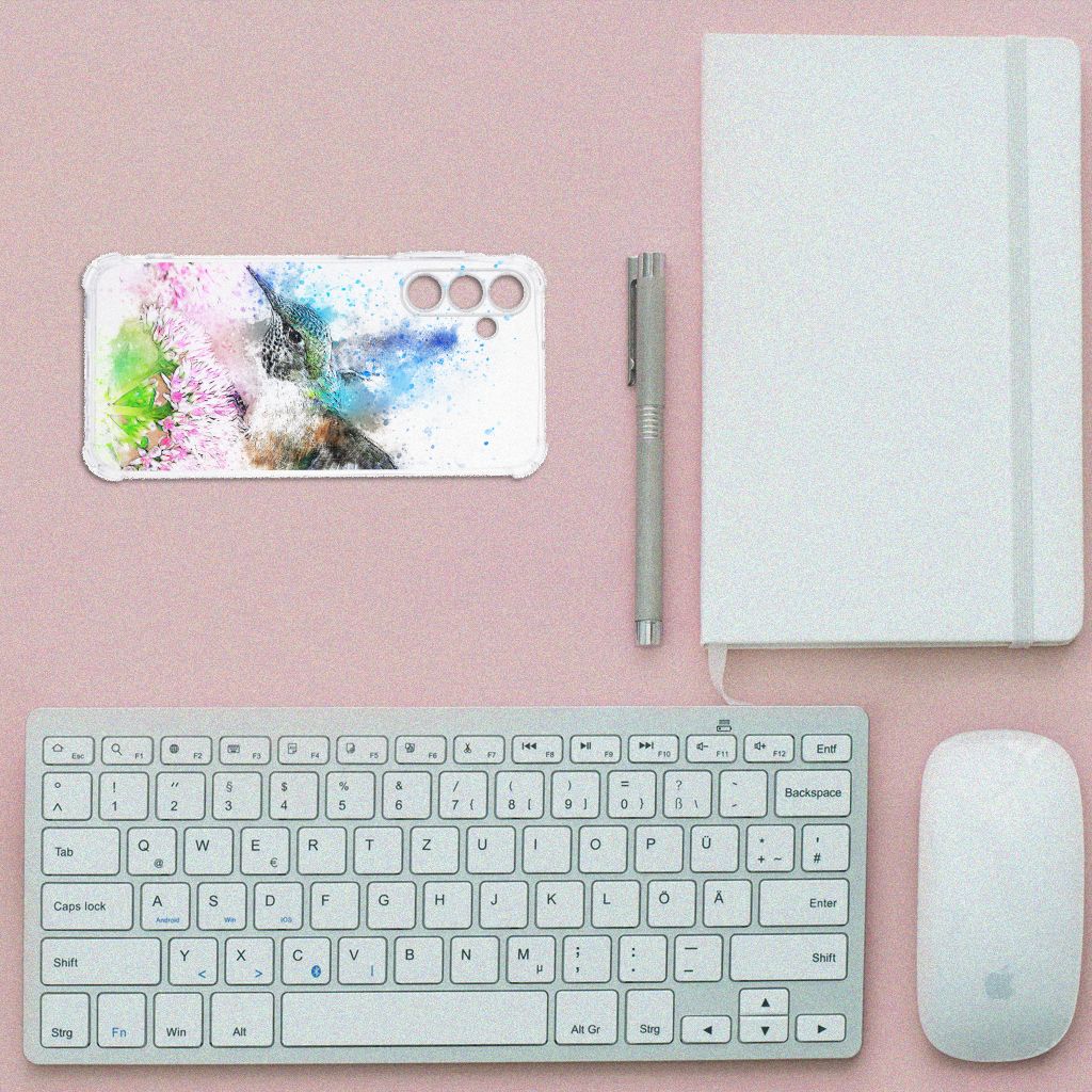 Samsung Galaxy A15 Vogel Back Cover bovenaanzicht toetsenbord notitieboek muis