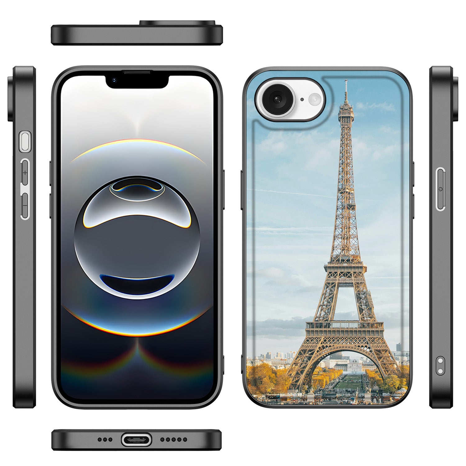 Back Cover iPhone 16e – Eigen Ontwerp Eiffel Tower voorkant zijkant achterkant