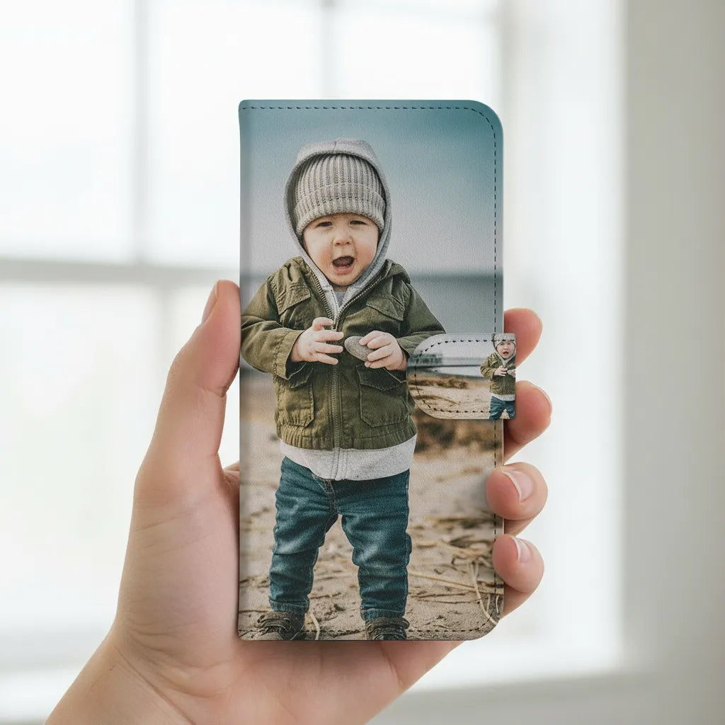 Een hand houdt een smartphonehoesje Samsung Galaxy A17 met een full-cover foto van een jong kind op het strand, gekleed in een groene jas en grijze muts.
