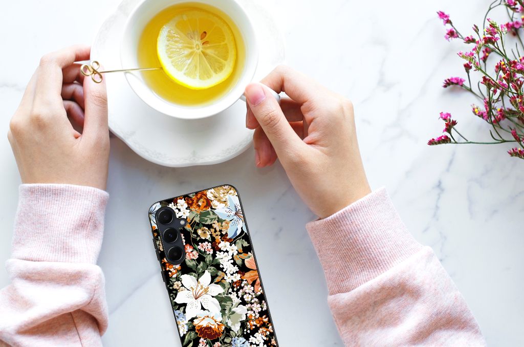 Samsung Galaxy A55 Bloemen Hoesje Dark Flowers boven aanzicht