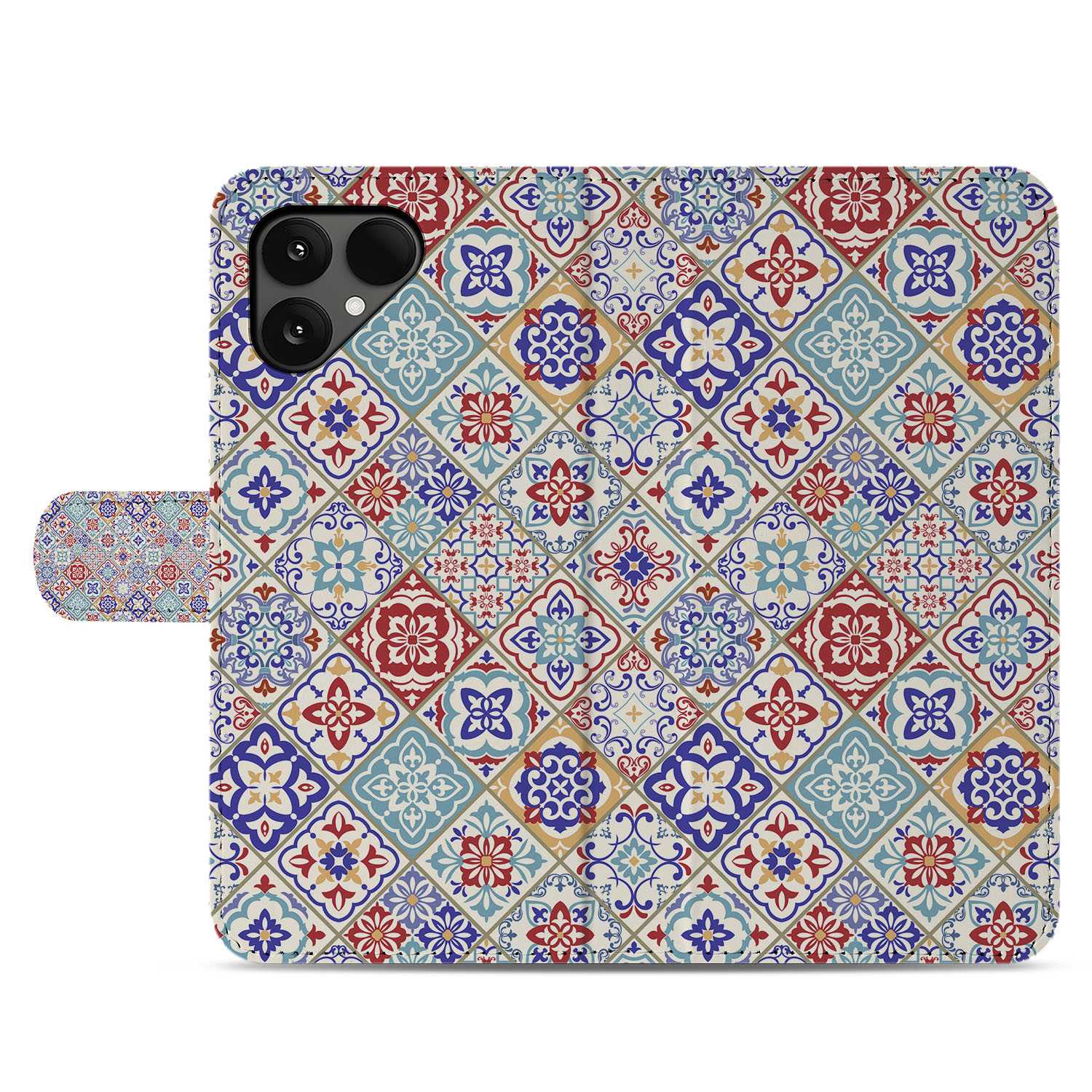 Book Case Fairphone 6 Tegelpatroon Rood Blauw Beige Pasteltonen Met Pasjes Kunstleer voorkant design