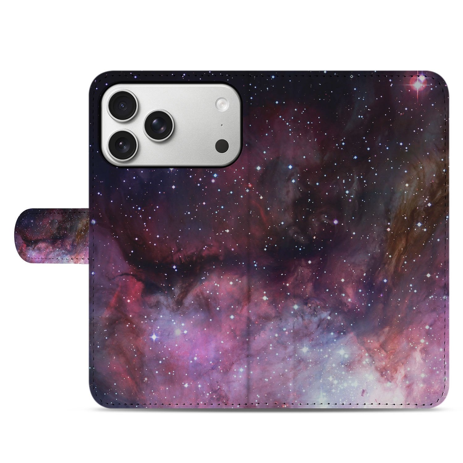 Book Case Hoes Apple iPhone 17 Pro Heelal Design PU Leer Grijs paars heelal aanzicht