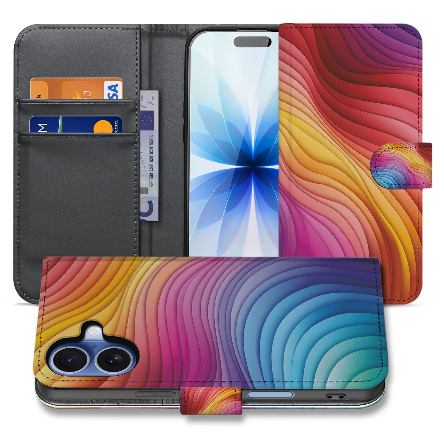 Apple iPhone 17 Book Case Hoes Regenboog design kleurrijk aanzicht