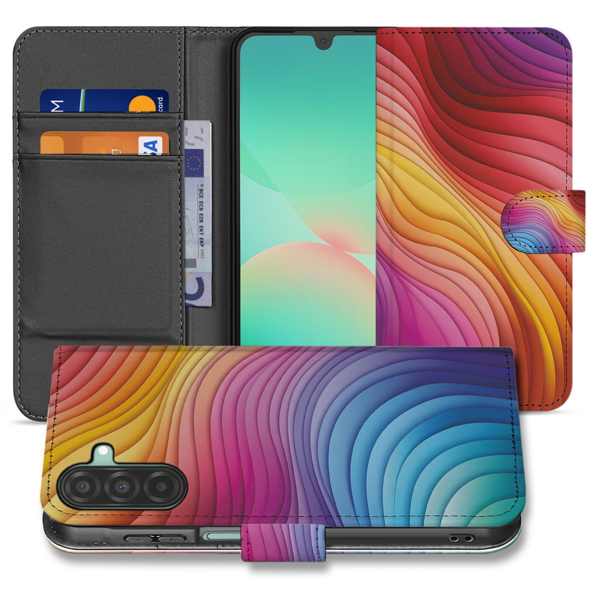 Samsung Galaxy A17 Book Case Hoes Regenboog Voor Samsung Galaxy A17 PU Leer Pasjes voorkant binnenkant