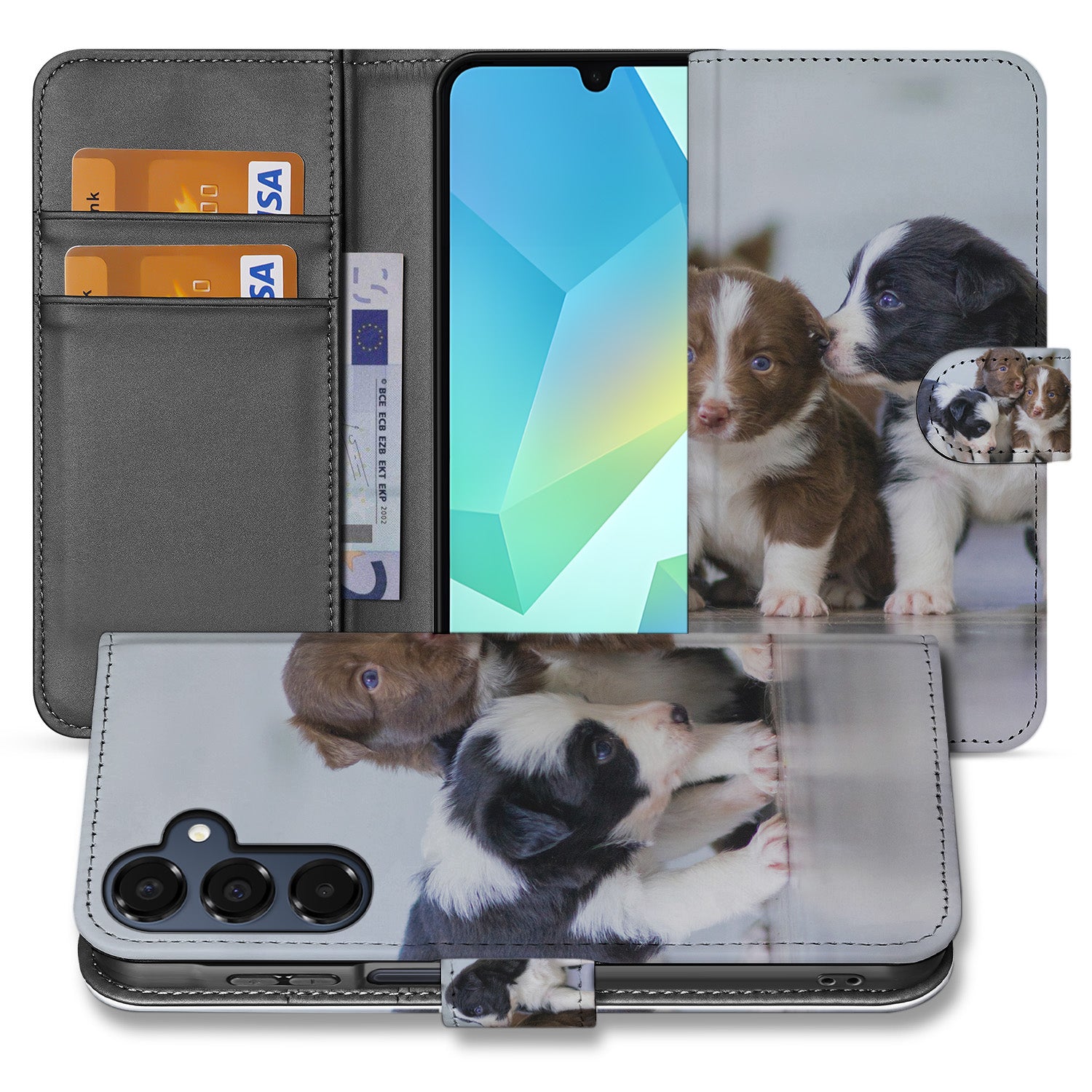 Book Case Hoesje Maken Samsung Galaxy A16 met schattige puppy's en ruimte voor kaarten.