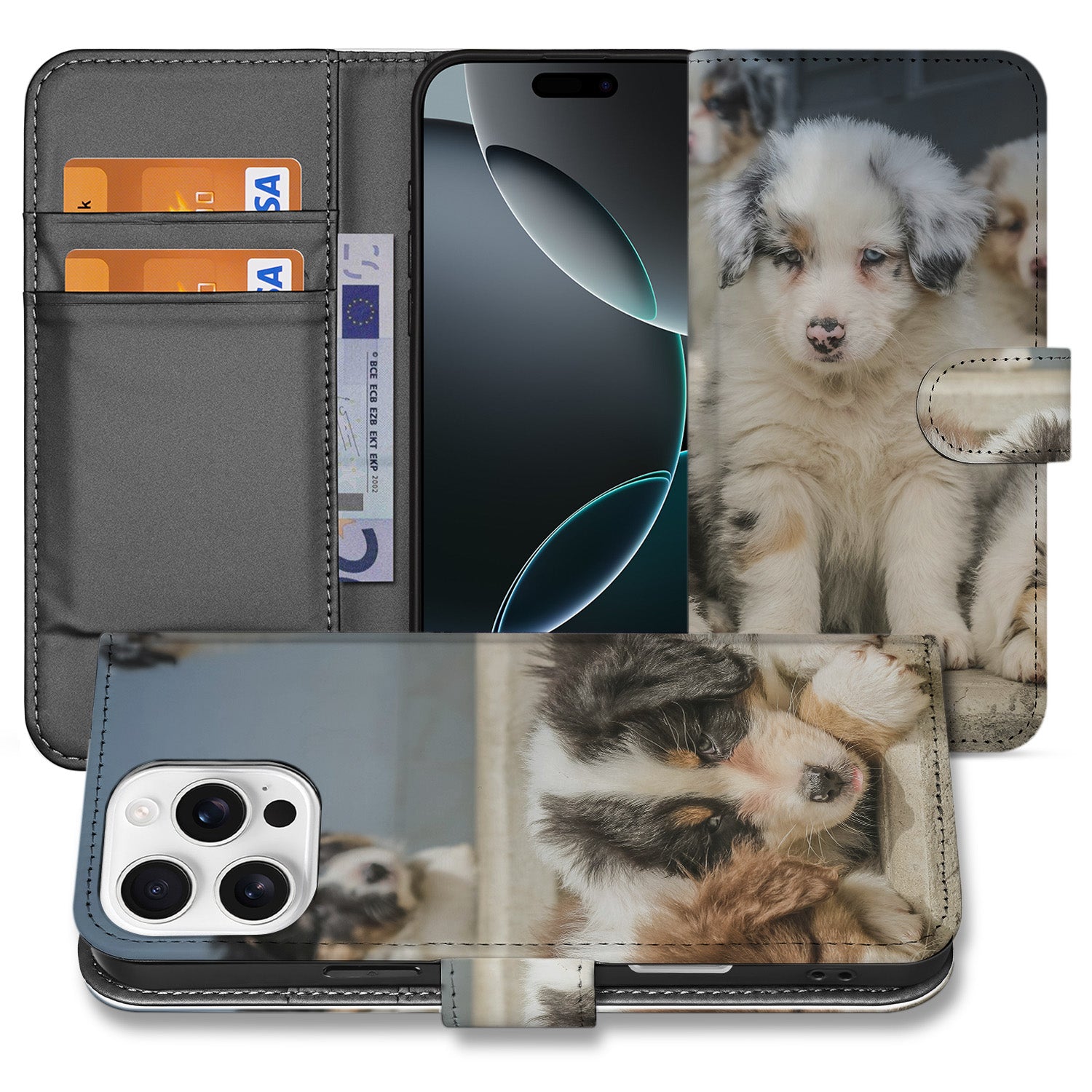 Apple iPhone 16 Pro Book Case Hoesje Maken puppy design voor en achteraanzicht