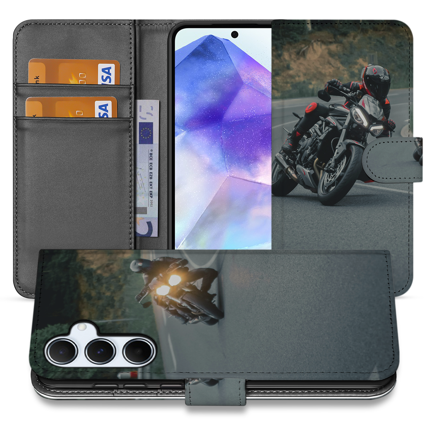 Book Case Hoesje Maken voor de Samsung Galaxy A55 met motorfietsontwerpen en ruimte voor kaarten.