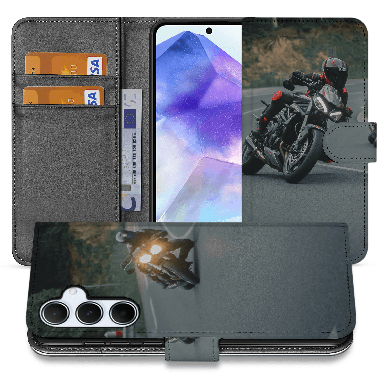 Book Case Hoesje Maken voor de Samsung Galaxy A55 met motorfietsontwerpen en ruimte voor kaarten.