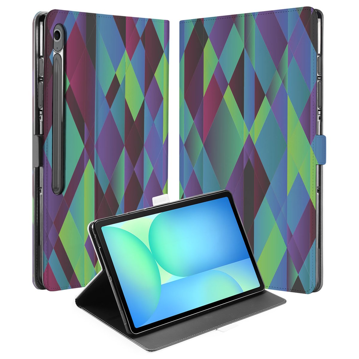 Samsung Galaxy Tab S10 FE Plus Book Case Hoesje met Standaard Abstract Green Blue vooraanzicht
