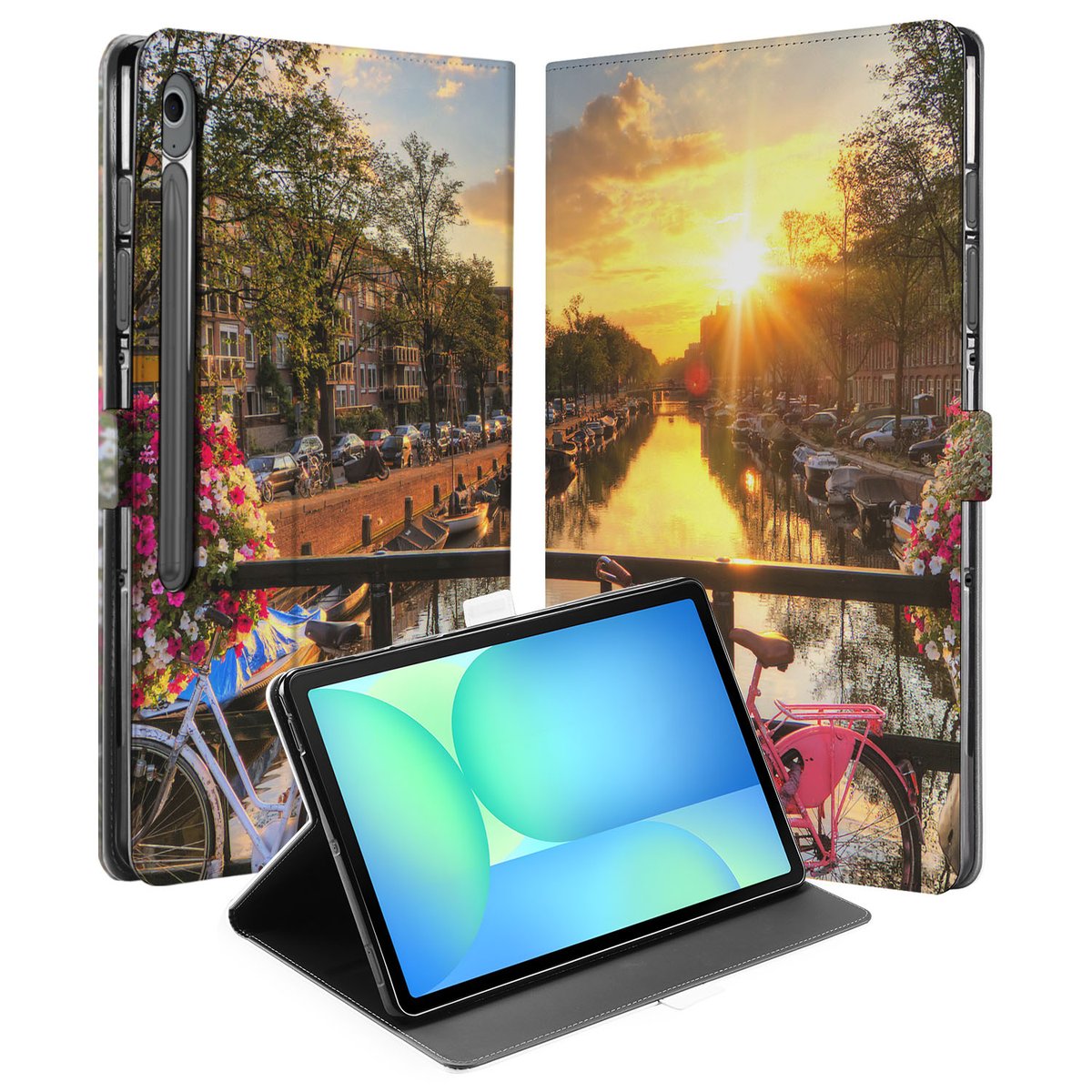 Samsung Galaxy Tab S10 FE Plus Book Case Hoesje met Standaard Amsterdamse Grachten voorkant achterkant