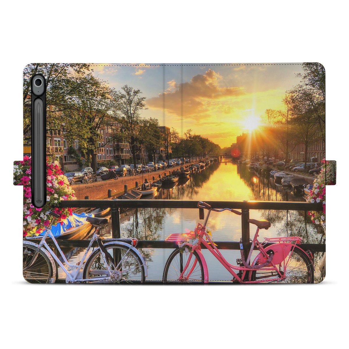 Samsung Galaxy Tab S10 FE Plus Book Case Hoesje met Standaard Amsterdamse Grachten aanzicht fiets brug zonsondergang