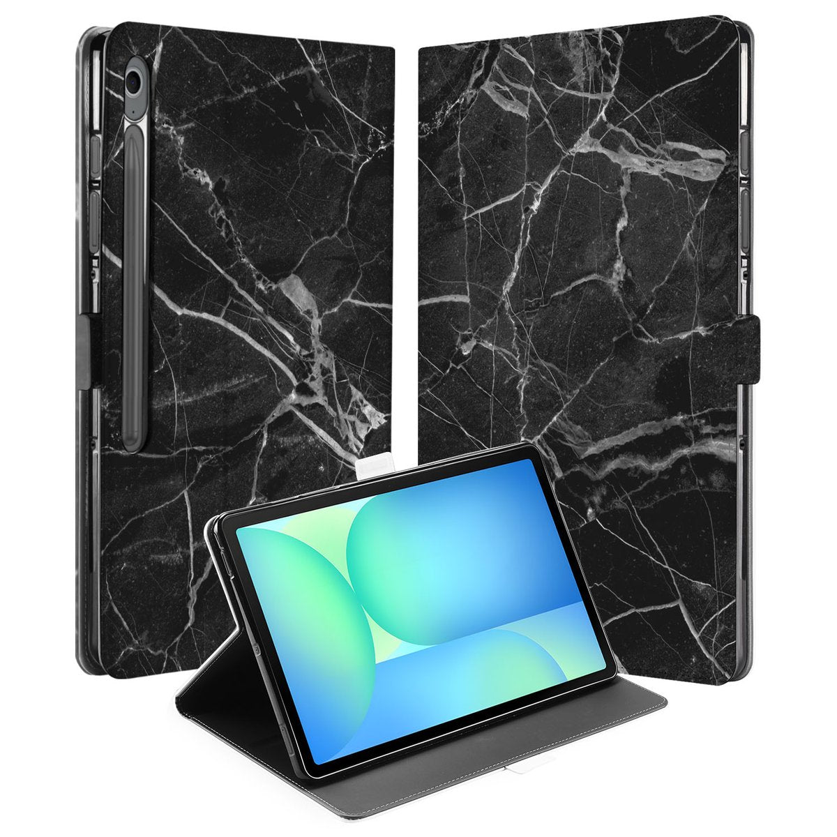 Samsung Galaxy Tab S10 FE Plus Book Case Hoesje met Standaard Marmer Zwart voorkant achterzijde
