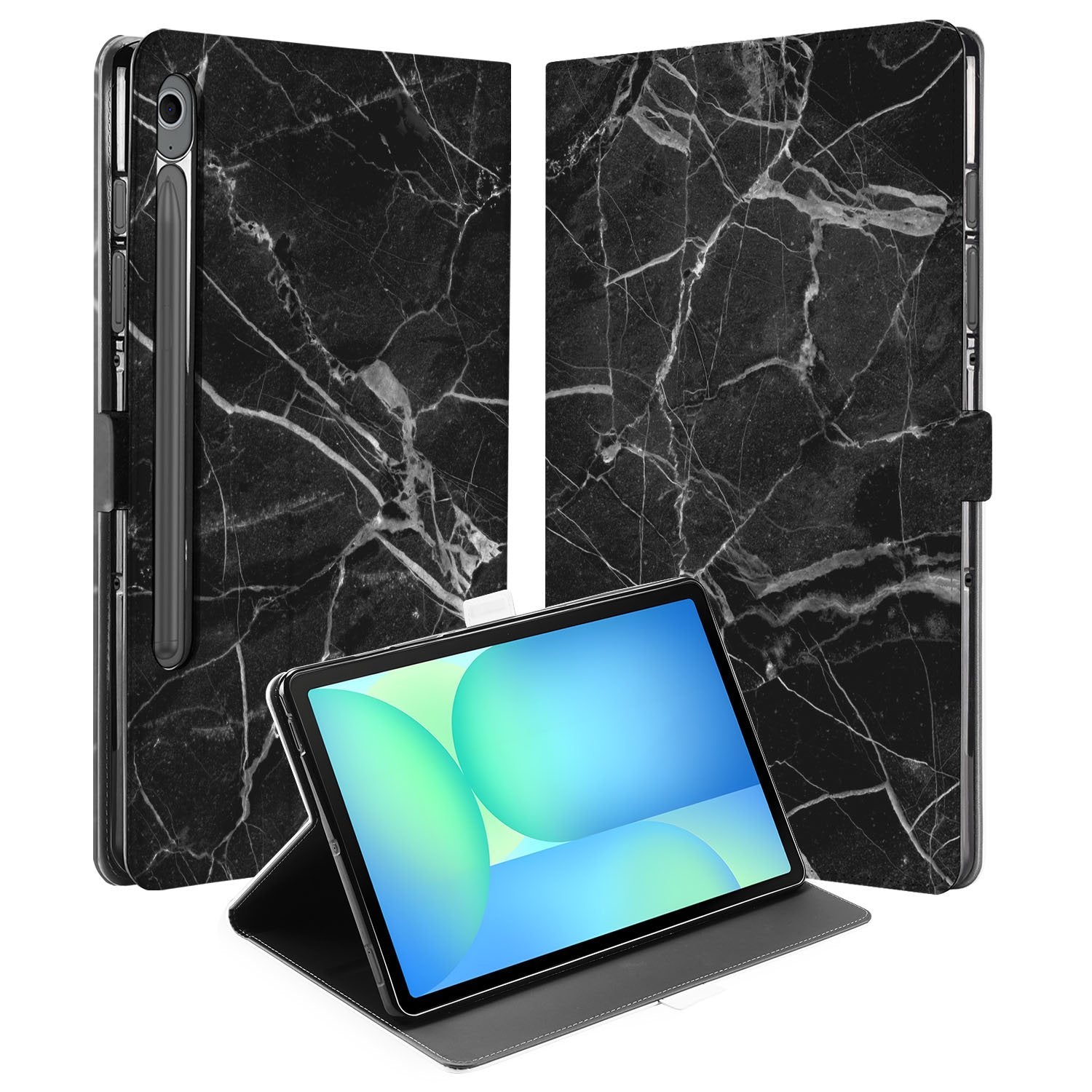 Samsung Galaxy Tab S10 FE | Tab S9 FE Book Case Hoesje met Standaard Marmer Zwart design voorkant