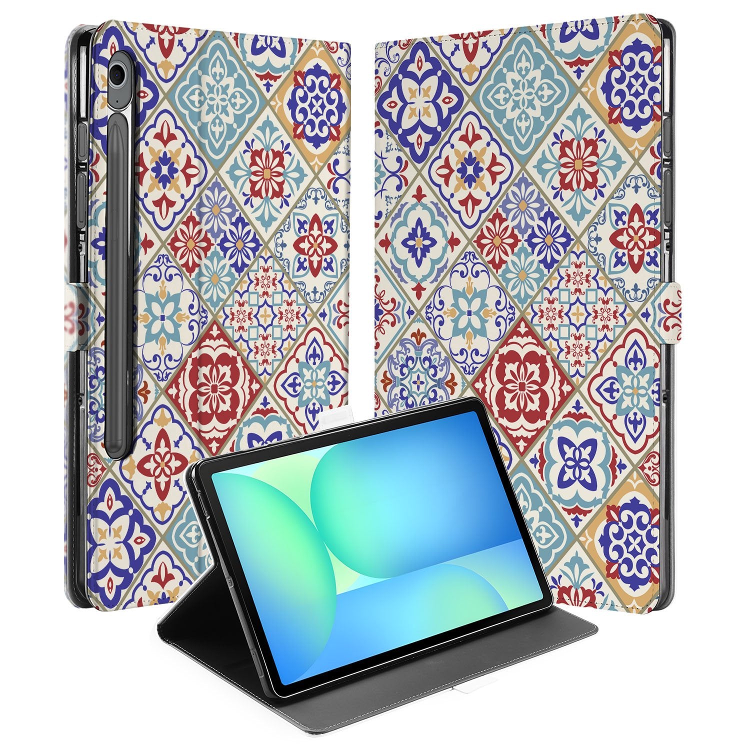 Samsung Galaxy Tab S10 FE Book Case Hoesje met Standaard Tiles Color design kleurrijk aanzicht