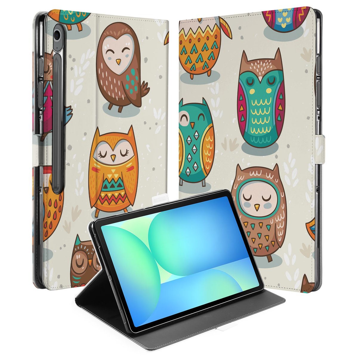 Samsung Galaxy Tab S10 FE Plus Book Case Hoesje met Standaard Vrolijke Uilen voorkant binnenkant