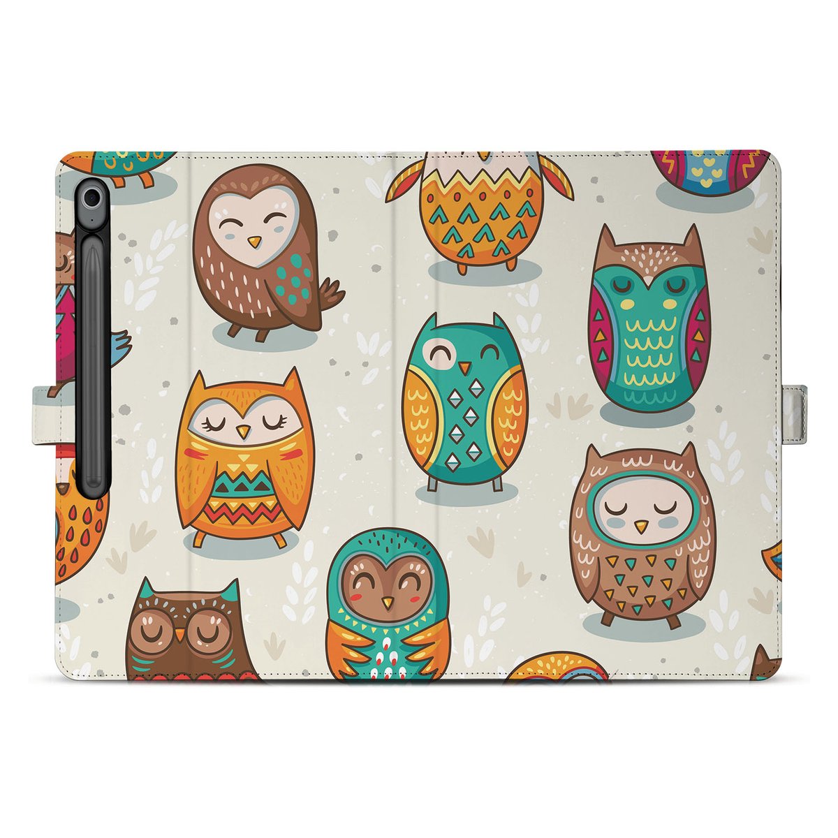 Samsung Galaxy Tab S10 FE Plus Book Case Hoesje met Standaard Vrolijke Uilen design voorkant