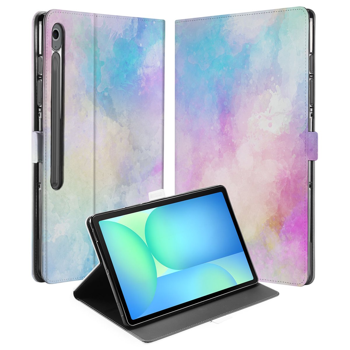Book Case Hoesje met Standaard Watercolor Light Samsung Galaxy Tab S10 FE Plus designnaam voorkant zijaanzicht