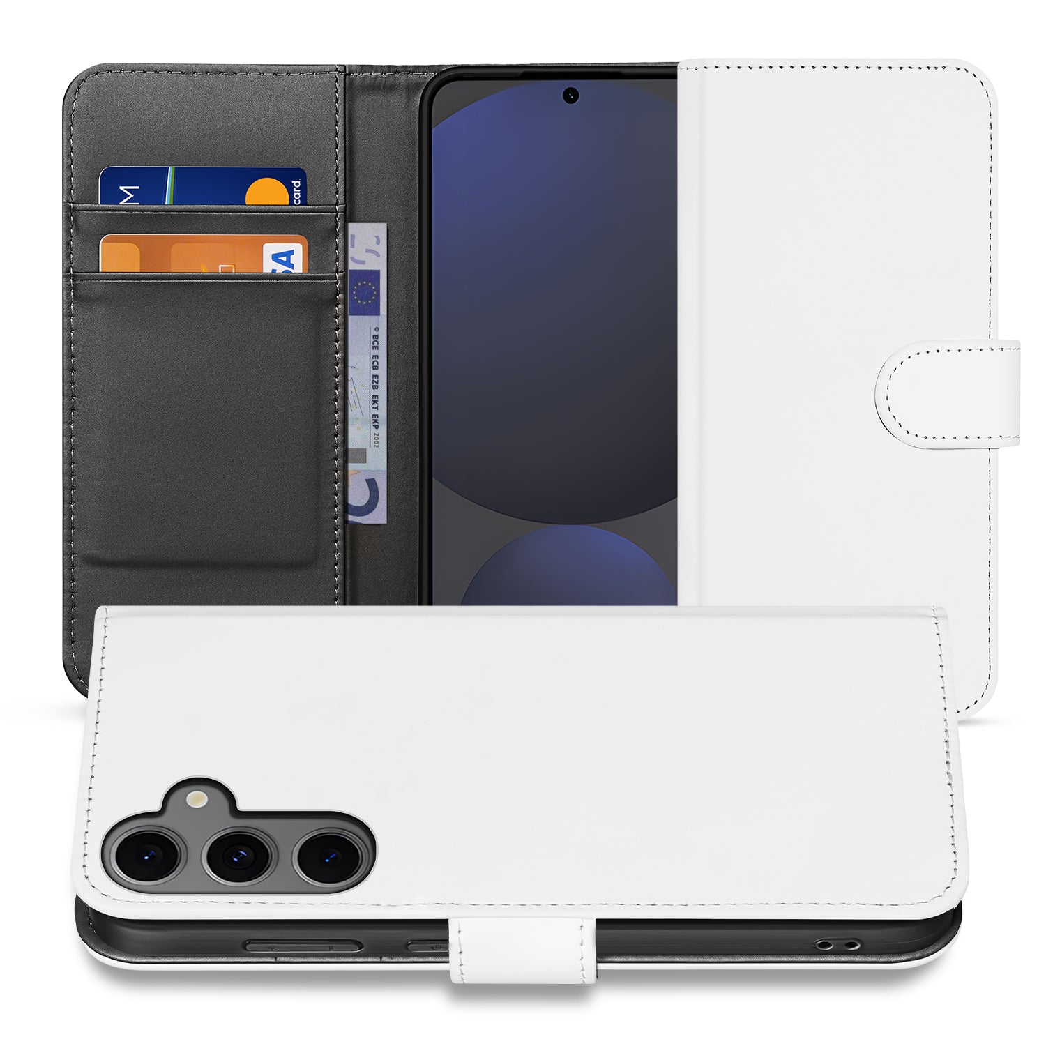 Samsung Galaxy S24 FE Book Case Telefoonhoesje Wit met Pasjeshouder vooraanzicht en achteraanzicht