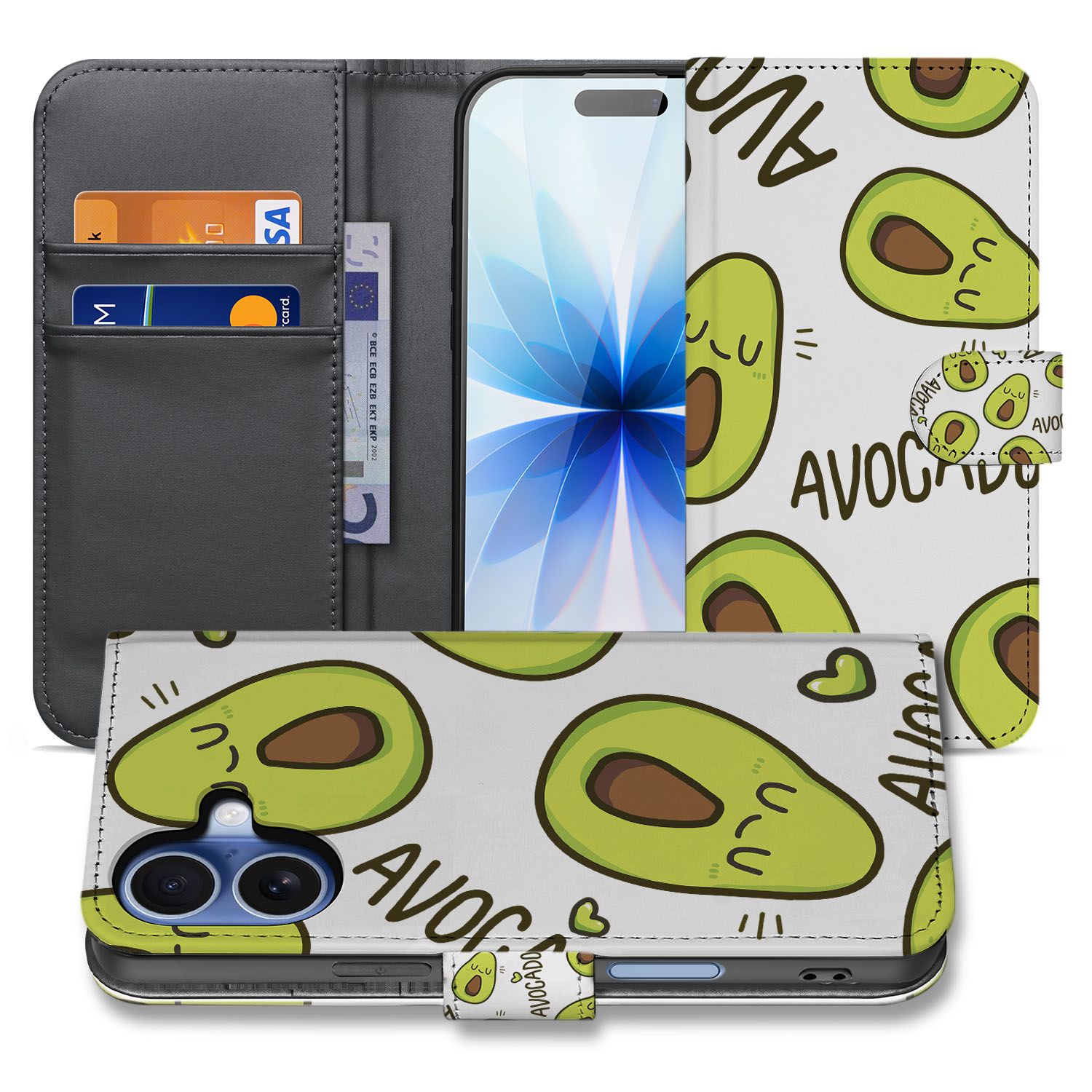 Book Case iPhone 17 Avocado Singing Groen Met 3 Pasjes avocado design open vooraan