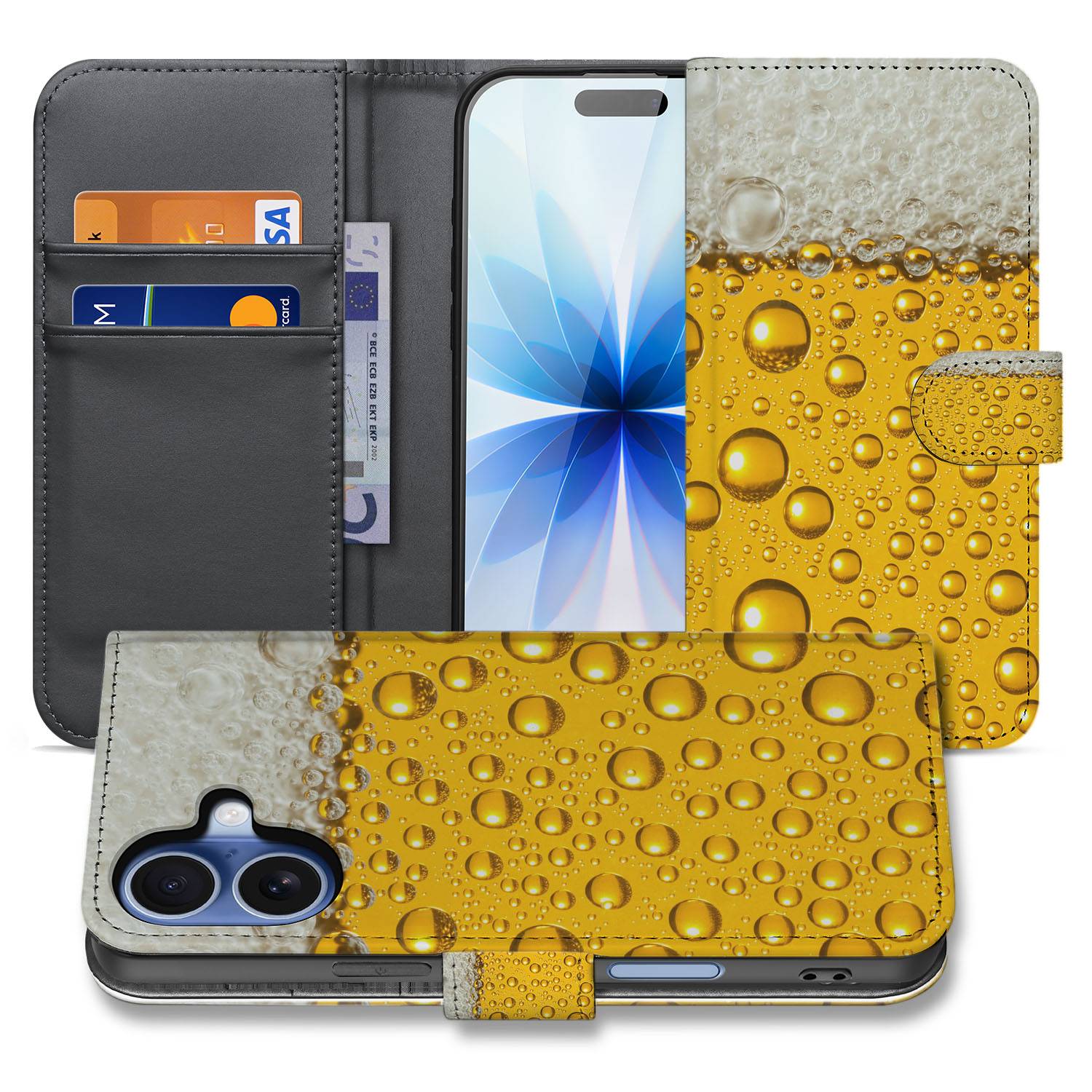Book Case iPhone 17 Bier Print boekhoesje geel wit schuim aanzicht