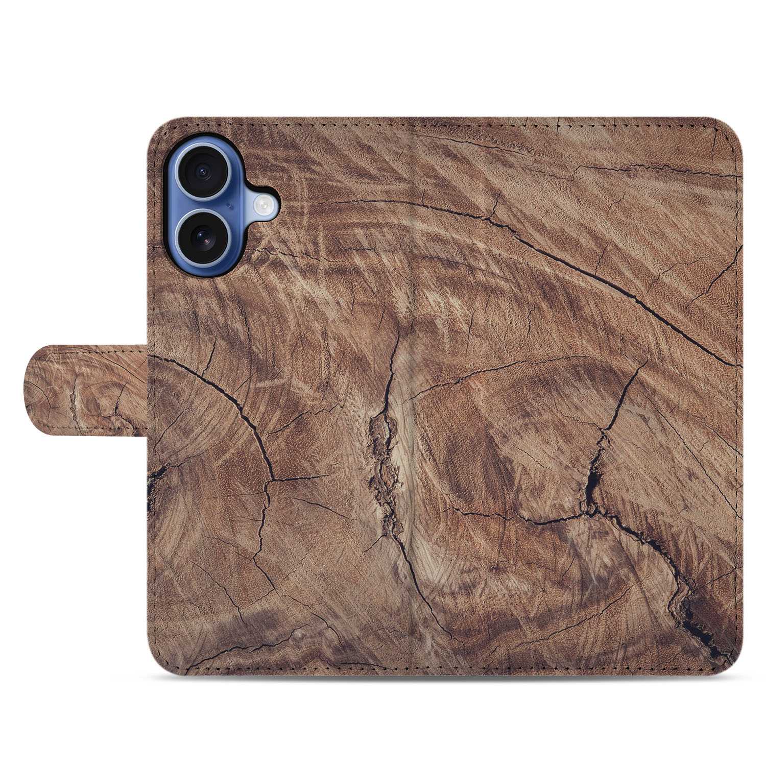 Book Case iPhone 17 Boomstam Bruin Pasjeshouder bruin houtnerf achteraanzicht