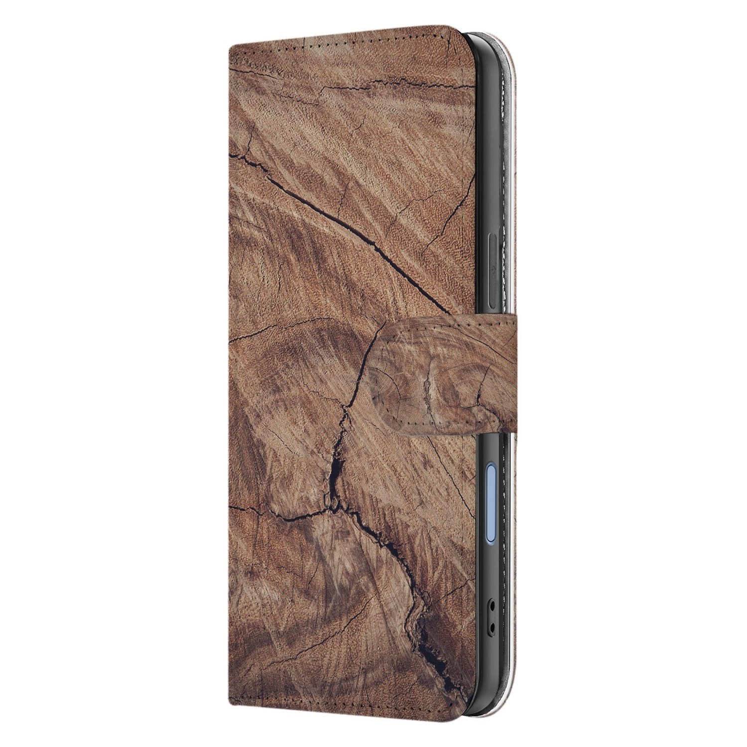 Book Case iPhone 17 Boomstam Bruin Pasjeshouder bruin houteffect zijkant