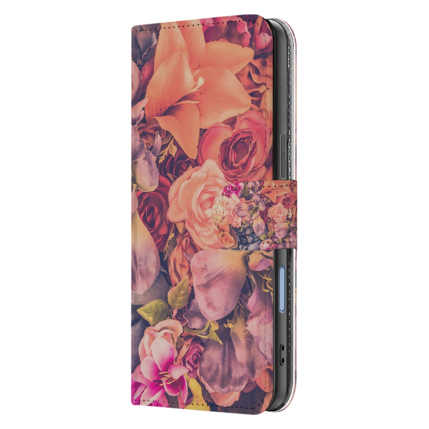 Book Case iPhone 17 Bosje Bloemen Roze Oranje Paars zijaanzicht bloemenprint