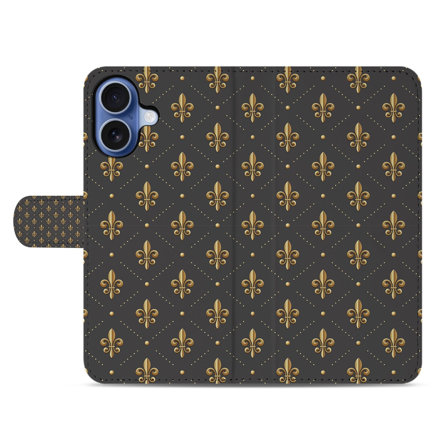 Book Case iPhone 17 Franse Lelie Bruin Goud designnaam achteraanzicht