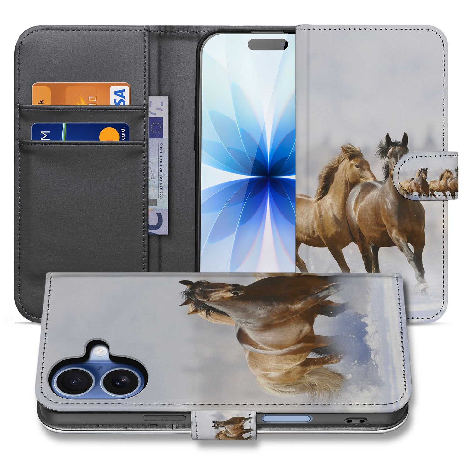 Book Case iPhone 17 Paarden Motief Met Pasjes Magneetsluiting paardenmotief hoorn gsm hoes