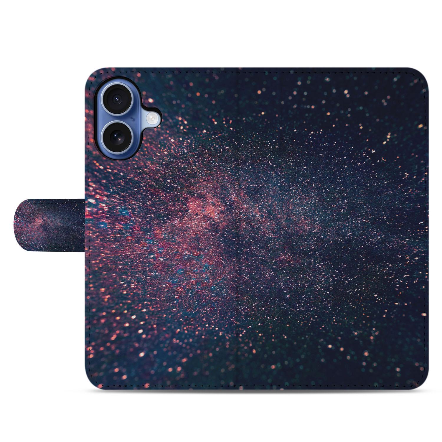 Book Case iPhone 17 Paars Blauw Glitter Sterren sterrenregen design achterzijde