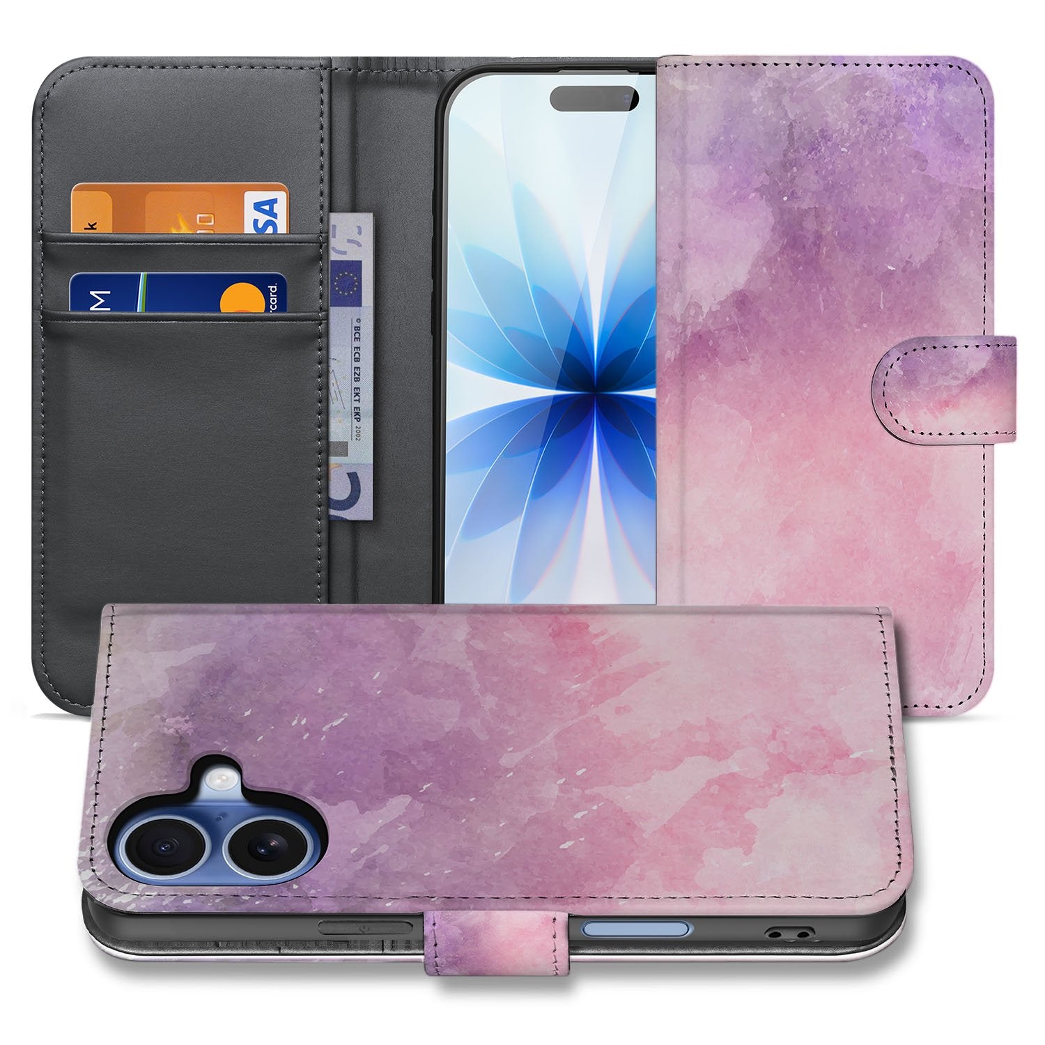 Apple iPhone 17 Book Case iPhone 17 Pink Purple Paint voorkant zijkant binnenkant