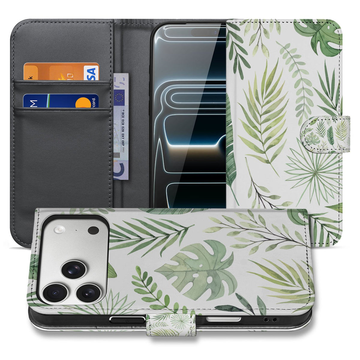 Book Case iPhone 17 Pro Max Bladeren Lichtgroen Wit Met 3 Pasjes vooraan achteraan