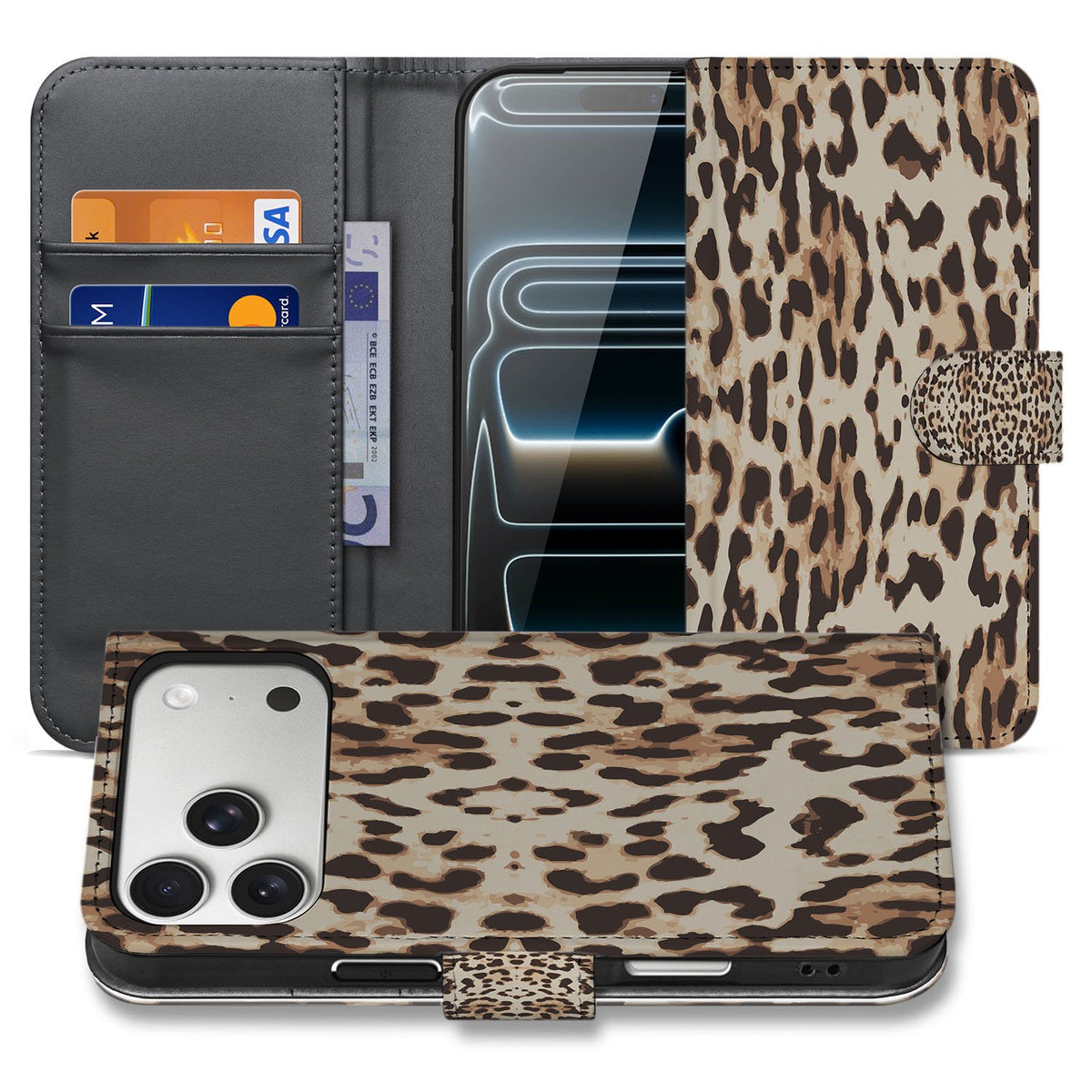 Book Case iPhone 17 Pro Max Leopard Pasjeshouder Magnetisch leopard design voorkant