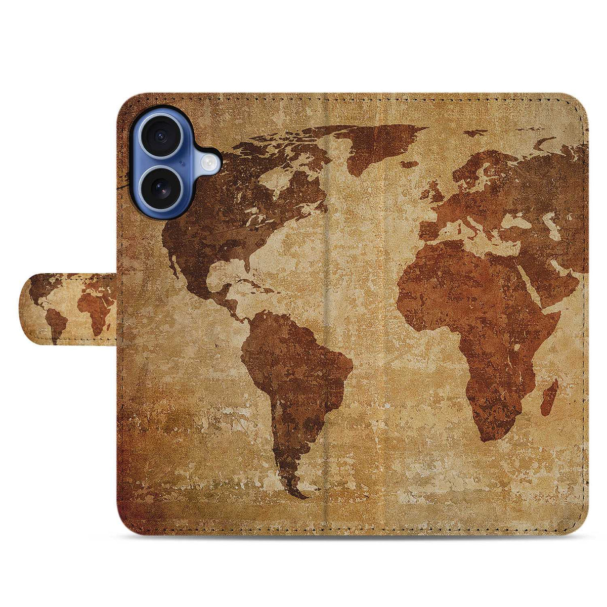 Book Case iPhone 17 Wereldkaart Met Pasjes wereldkaart bruin geel boekcase voorkant