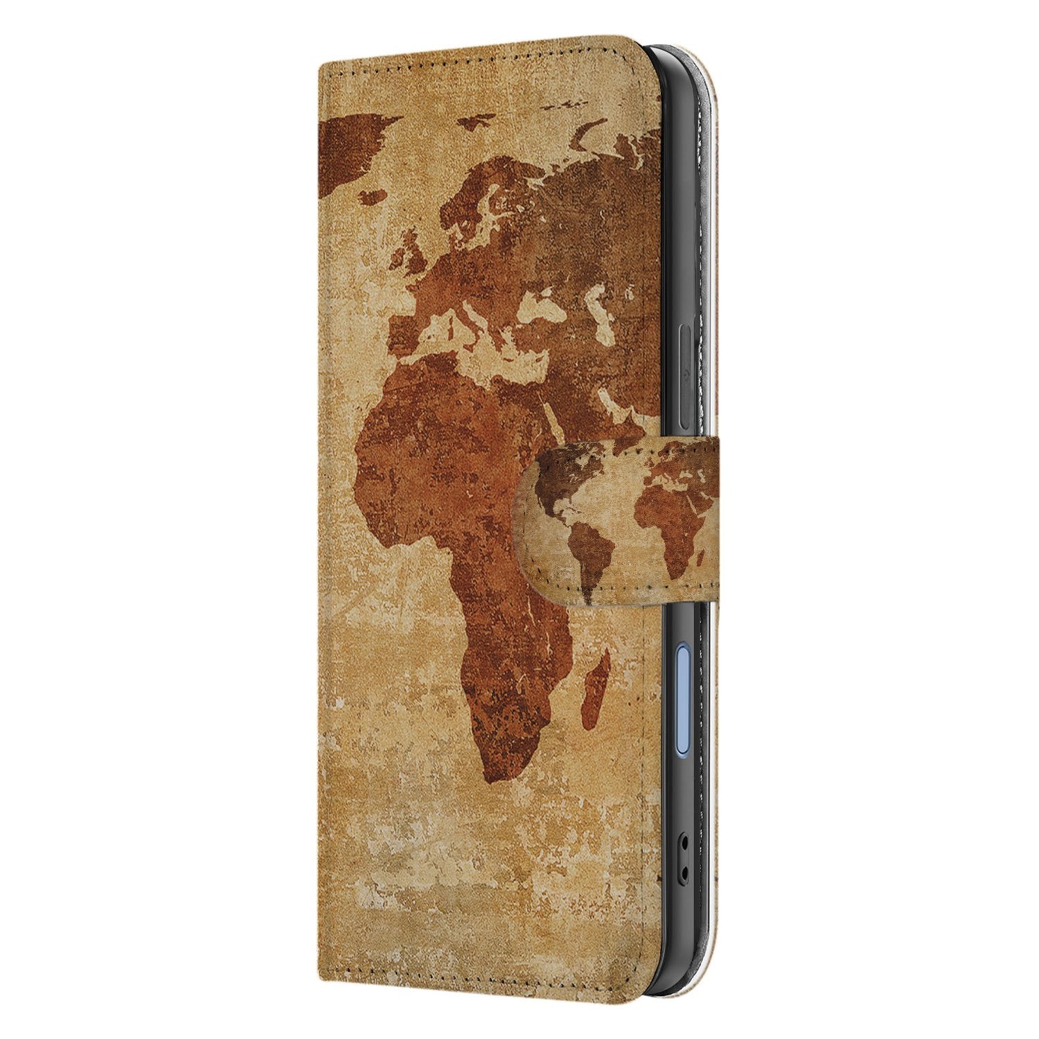 Book Case iPhone 17 Wereldkaart Met Pasjes wereldkaart bruin geel zijkant