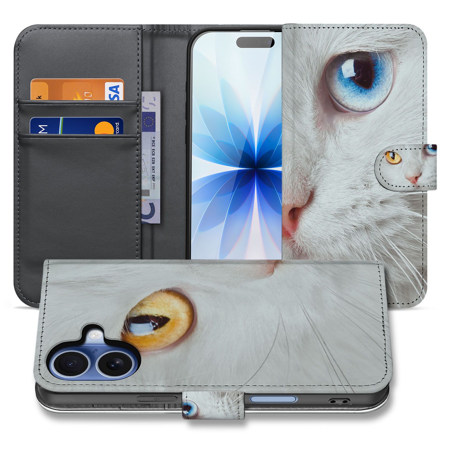 Book Case iPhone 17 Witte Kat Dierenprint Volledig Beschermd design Witte Kat aanzicht