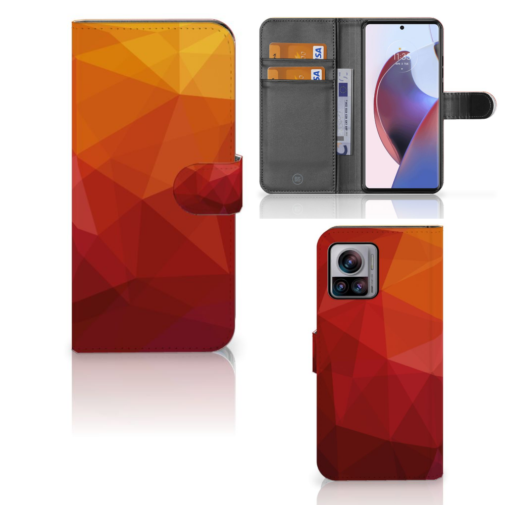 Motorola Edge 30 Ultra Book Case Polygon Red abstract design voorzijde en binnenzijde