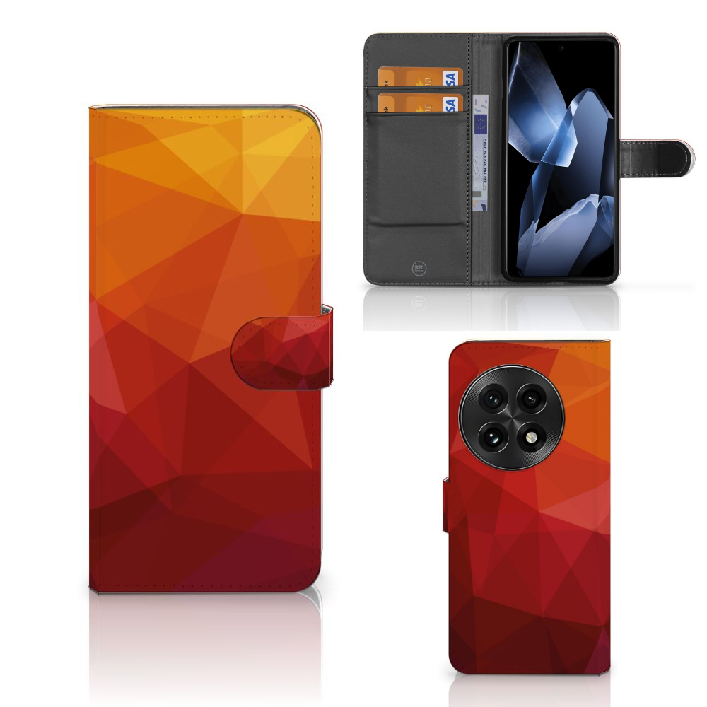 OnePlus 13 Book Case voor OnePlus 13 Polygon Red abstract design voorkant achterkant binnen