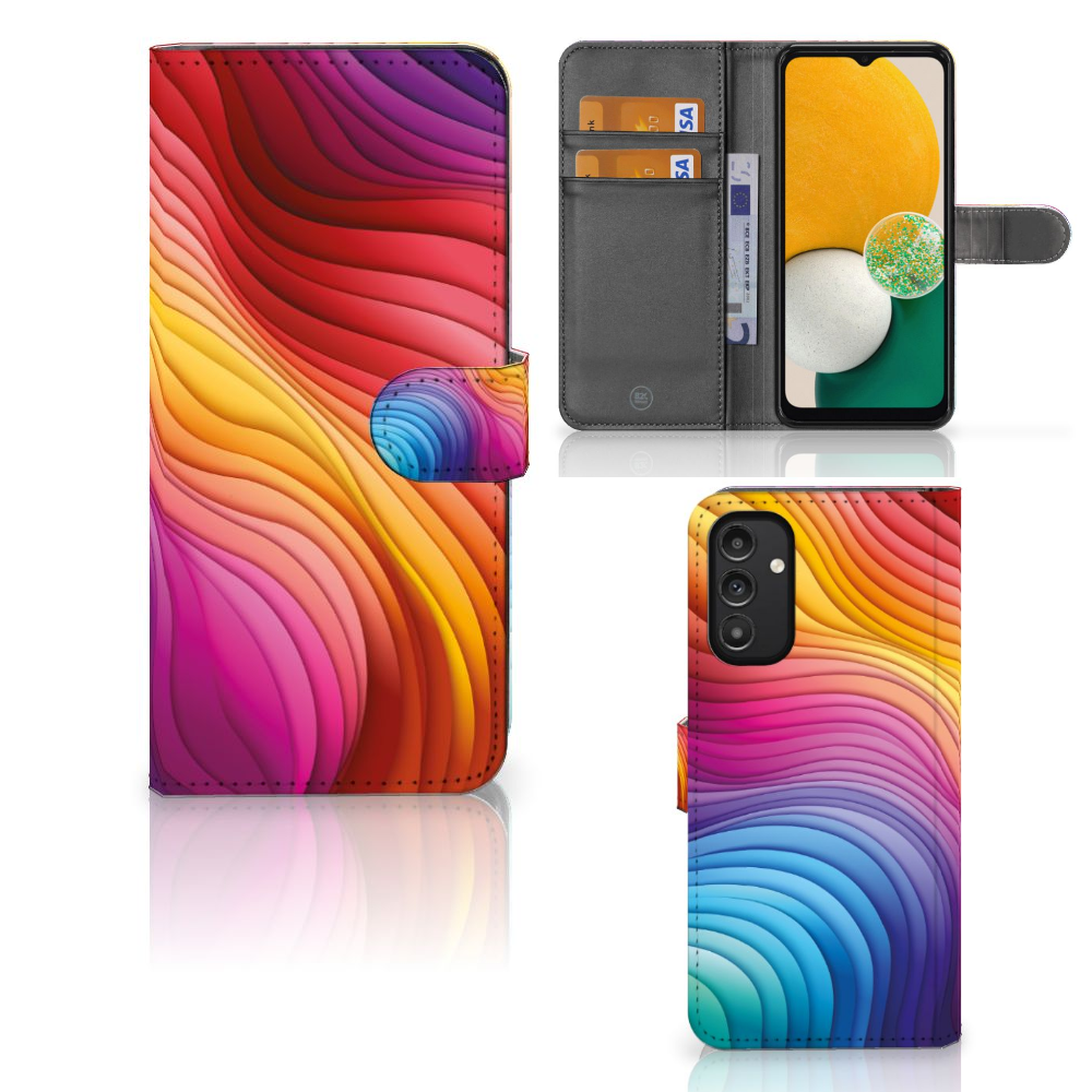 Book Case voor Samsung Galaxy A14 4G Regenboog met kleurrijk golfpatroon en ruimte voor kaarten.