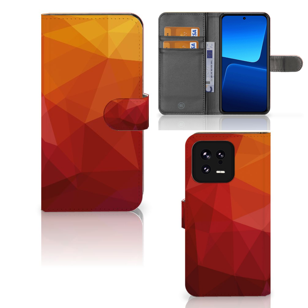 Xiaomi 13 Book Case voor Xiaomi 13 Polygon Red design abstract kleurverloop aanzicht